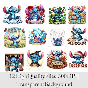 Könnte beinhalten: Eine Sammlung von zwölf digitalen Designs mit der Figur Stitch, die jeweils einen anderen Monat des Jahres darstellen. Die Designs zeigen Stitch in verschiedenen saisonalen Umgebungen, mit Text, der den Monat angibt. Das Bild enthält auch den Text "12 High Quality Files | 300 DPI | Transparent Background."