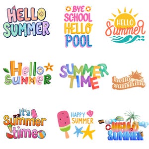 Hej sommar PNG-paket, retro strandsemester sublimeringsclipart, solsken barnskjorta design