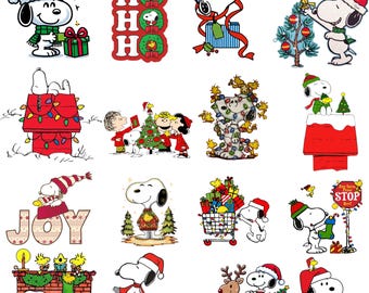 May include: A collection of Christmas-themed Snoopy and Woodstock illustrations. Snoopy is depicted in various holiday scenes, including decorating a tree, wearing a Santa hat, and with gifts. The images feature bright colors and festive elements.