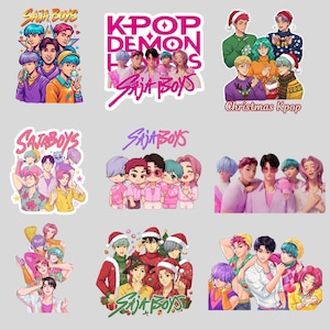 May include: A collection of stickers featuring stylized illustrations of a K-pop group. The stickers showcase the group in various poses and outfits, with text that reads "Saja Boys" and "Kpop Demon Boys". Some stickers have a Christmas theme.