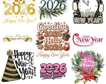 May include: A collection of New Year's themed graphics with the year 2026. Designs include gold and pink text, a clock, party hats, and festive decorations. Text includes "Happy New Year!" and "Goodbye 2025 Hello 2026."
