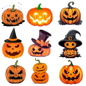 May include: A collection of nine orange Halloween pumpkins with carved faces. Some pumpkins have black hats, while others have a witch hat or a top hat. The pumpkins have various expressions, including smiling, angry, and spooky.
