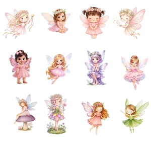 May include: A collection of twelve watercolor illustrations of fairies. Each fairy is depicted with delicate wings, floral crowns, and dresses in shades of pink, purple, and green. Some hold wands or flowers, creating a whimsical and enchanting aesthetic.