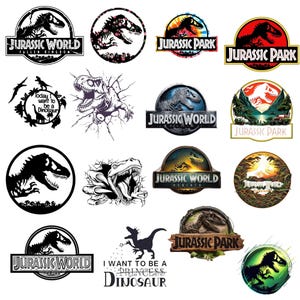 Puede incluir: Una colección de varios logotipos y gráficos de Jurassic Park y Jurassic World. Los diseños presentan dinosaurios, el nombre de la franquicia e imágenes relacionadas. Algunos diseños son en blanco y negro, mientras que otros usan colores vibrantes.