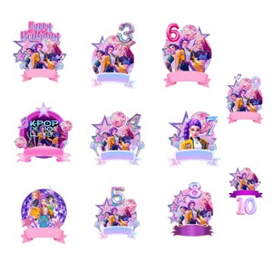 May include: A collection of colorful birthday cake toppers featuring a K-Pop theme. Each topper includes a group of stylized figures, stars, disco balls, and a banner. Some toppers display numbers, while others have the text "Happy Birthday" or "K-POP DEBUT".
