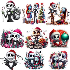 May include: A collection of digital illustrations featuring Jack Skellington and Sally from The Nightmare Before Christmas, dressed in Santa hats and Christmas attire. The images include Christmas trees, gifts, and festive decorations.
