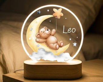 Acrylic LED Night Light, Teddy Bear on Moon, Personalized Baby Name, Nursery Decor, Kids Bedside Lamp, Wooden Base, Baby Shower Gift