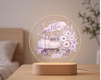 Tren de luz nocturna de acrílico personalizado con diseño floral para decoración de guardería infantil, regalo para baby shower