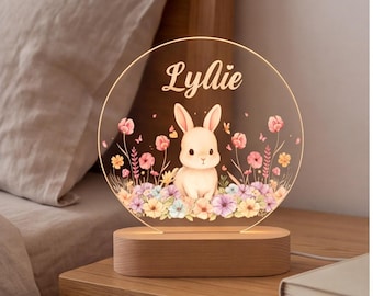 Lámpara de noche personalizada con forma de conejito, decoración personalizada para la habitación del bebé, regalo para baby shower con temática de conejos, lámpara floral para la habitación infantil, dulce recuerdo para recién nacidos.