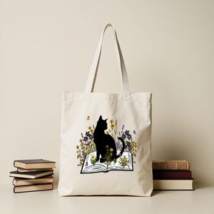 Bolso de mano con diseño de gato, bolso de lona estilo libro con diseño floral para lectores y mamás gatas, regalo para amantes de los gatos.