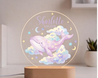 Lámpara de noche personalizada con forma de ballena para la habitación del bebé, lámpara con nombre personalizado para la habitación infantil, regalo para el dormitorio de los niños, decoración de ensueño para la hora de dormir.