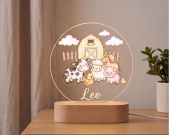 Gepersonaliseerd nachtlampje met boerderijdieren, naambordje voor de babykamer, boerderijdecoratie voor de babykamer, kraamcadeau, schattige lamp voor de kinderkamer