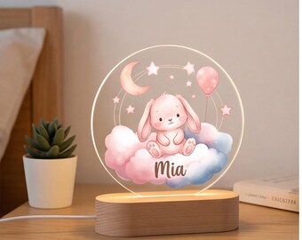 Lámpara de noche personalizada con forma de conejito para guardería, con nombre personalizado, regalo para bebé, decoración para la mesita de noche de los niños.