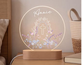 Personalisierte christliche Lampe mit Blumenkreuz – das perfekte Geschenk für Sie, ein christliches Nachtlicht für die Schlafzimmerdekoration oder ein ideales Geschenk zur Taufe, Konfirmation oder Erstkommunion.