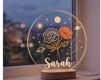 Lámpara de noche personalizada con forma de flor y nombre personalizado para la habitación del bebé, regalo para baby shower, regalo para recién nacido, regalo para mamá, recuerdo navideño.