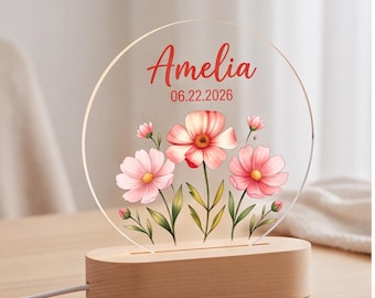 Letrero floral personalizado con nombre, decoración acrílica personalizada para la habitación del bebé, regalo de recuerdo para niña, decoración floral para la habitación, ideal para recién nacidos o cumpleaños.