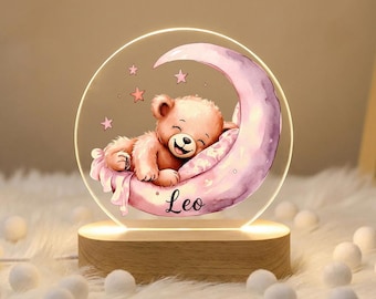Luz de noche LED acrílica con osito de peluche en luna creciente, lámpara de guardería con nombre personalizado, decoración de habitación de bebé, regalo de baby shower para recién nacidos