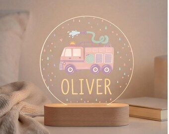 Lámpara de noche personalizada con forma de camión de bomberos para la habitación del bebé, regalo personalizado con nombre para bebé, lámpara de noche con forma de camión de bomberos para la habitación del bebé, regalo para baby shower