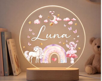 Lámpara de noche de unicornio personalizada, lámpara con nombre personalizado para habitación de niñas, decoración infantil de luna y estrellas, regalo de dormitorio arcoíris, decoración infantil de fantasía