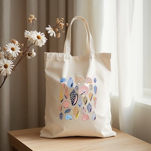 Bolso de lona con estampado de conchas de colores, bolso de playa minimalista para mujer, regalo para amantes de la playa.