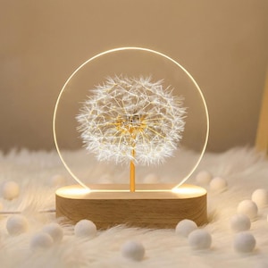 Kristallen Bal Nachtlampje, 2,4 Inch Paardenbloem Bal Nachtlampje met Houten Basis Bewaard Daisy LED Licht Usb Aangedreven Bloem Nachtlamp voor Slaapkamer Woonkamer Decoratie (F