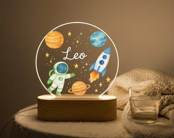 Personalized Night Light with Name, Space Astronaut Rocket Acrylic Lamp, Kids Nursery Decor, Birthday Gift for Boys, Bedroom Bedside LED