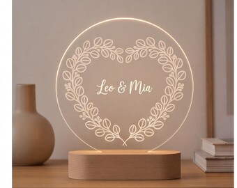 Lámpara de noche personalizada con forma de corazón floral y nombre personalizado para parejas, regalo de boda, decoración de aniversario.