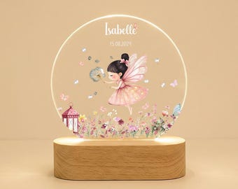 Luminária noturna personalizada em acrílico com fada, nome e data | decoração para quarto de bebê | presente de aniversário, batizado ou chá de bebê