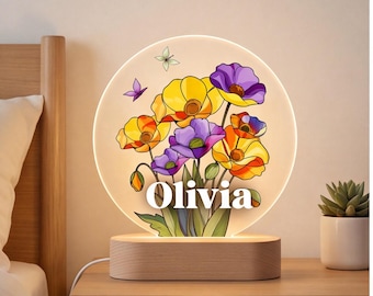 Lámpara de noche personalizada con forma de flor y nombre, regalo para mamá, regalo de Navidad, lámpara para amantes de las flores, regalos para ella.