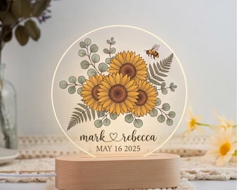 Lámpara de noche personalizada con forma de girasol para parejas, regalo romántico de aniversario, lámpara floral personalizada, recuerdo de boda, decoración de dormitorio.