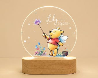 Personalized acrylic night light with wooden base, Winnie the Pooh fairy design, name & date custom, nursery bedside lamp, baby shower decor