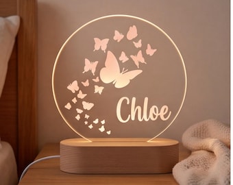Lámpara de noche personalizada con forma de mariposa, lámpara de dormitorio infantil con nombre personalizado, decoración para la mesita de noche de la guardería, regalo para hija, regalo para baby shower.