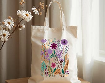 Floral Tote Bag, Colorful Wildflower Botanical Design, Reusable Shopping Bag, Gift for Flower Lovers