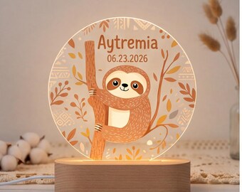 Lámpara de noche personalizada con forma de perezoso, decoración de guardería con temática de bosque, lámpara con nombre de bebé personalizado, regalo para baby shower, recuerdo para recién nacido.