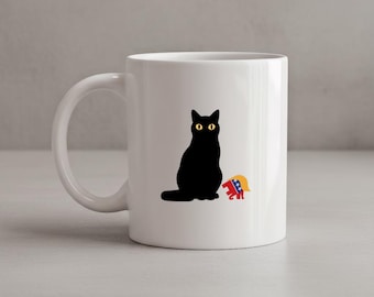 Taza de gato negro con bandera, minimalista, ideal para amantes de los gatos, ideal para uso diario.