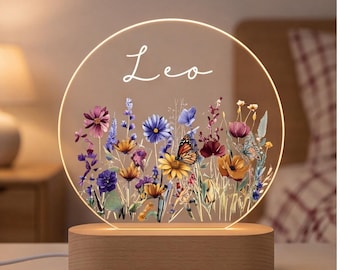 Lámpara de noche personalizada del signo zodiacal Leo, regalo de astrología floral para ella, lámpara con nombre de flores silvestres, decoración celestial para el dormitorio, regalo de cumpleaños para Leo.