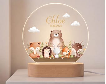 Lámpara de noche personalizada con diseño de bosque para la habitación infantil. Regalo personalizado con nombre para la habitación de los niños.
