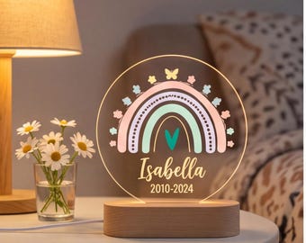 Lámpara de noche personalizada con nombre y arcoíris, lámpara de habitación infantil personalizada, regalo de bautizo para niño o niña, decoración de mesita de noche para la habitación de los niños.