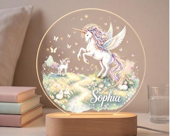 Lámpara de noche de unicornio personalizada, lámpara con nombre personalizado para habitación de niñas, decoración de unicornio para guardería, regalo de fantasía para dormitorio, lámpara de mesita de noche original.