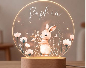Lámpara de noche personalizada con forma de conejito, lámpara de guardería con nombre personalizado, regalo para niña, decoración de conejo del bosque, recuerdo para baby shower.