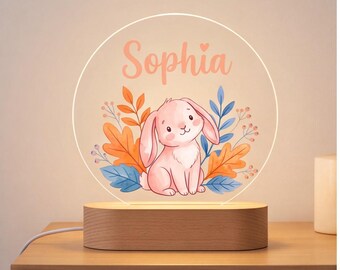 Lámpara de noche personalizada con forma de conejito, lámpara con nombre de conejo personalizado, regalo de decoración para guardería infantil, baby shower, bautizo, dormitorio infantil.
