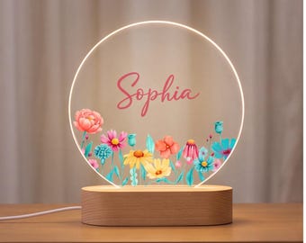 Lámpara de noche personalizada con diseño floral y mariposas, regalo personalizado para ella, decoración para la mesita de noche de la habitación infantil, luz para dormitorio con temática de jardín floral.