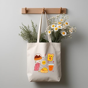 Kawaii Breakfast Food Tote Bag, Cute Cartoon Brunch Snack Art Shoulder Bag, Gift for Food Lovers
