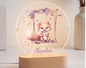 Lámpara de noche personalizada con forma de zorro, decoración infantil con temática de bosque, lámpara con nombre personalizado para bebé, regalo para baby shower, decoración original para la habitación del bebé.