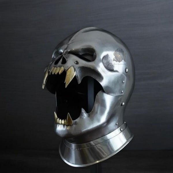Ręcznie wykonany stalowy hełm rycerski z czaszką – średniowieczna zbroja do noszenia, cosplay LARP