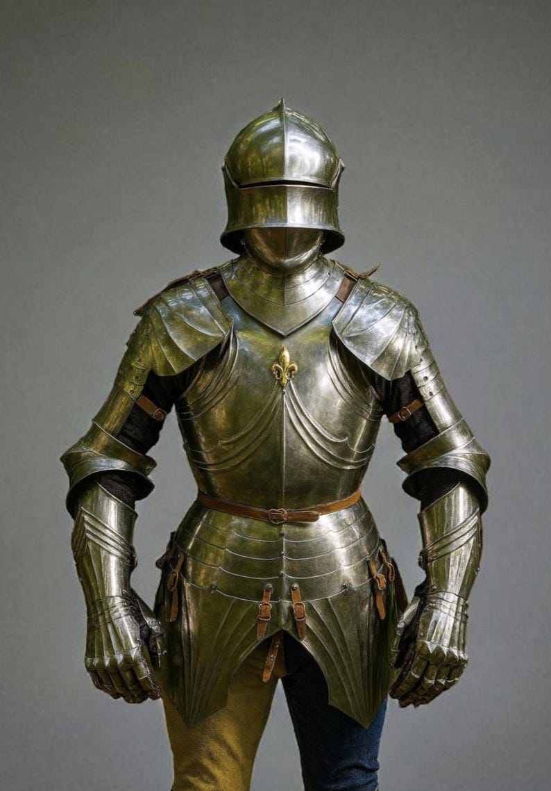 May include: Full suit of medieval armor in polished steel. The armor includes a helmet, chest plate, arm and leg protection, and gauntlets. A decorative gold fleur-de-lis is centered on the chest. The armor is secured with leather straps and buckles.
