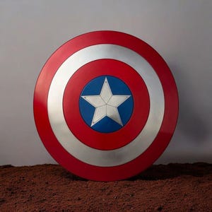 Puede incluir: Un escudo redondo con un anillo exterior rojo, un anillo central plateado y un centro azul con una estrella blanca. El escudo es una r&eacute;plica del escudo del Capit&aacute;n Am&eacute;rica.