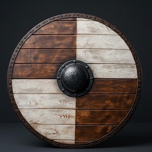 Peut inclure: Un bouclier rond en bois, divisé en deux moitiés : l'une marron foncé, l'autre blanche. Un bossage en métal noir est au centre, et le bord est bordé d'une bande de cuir cousue. Bouclier décoratif.