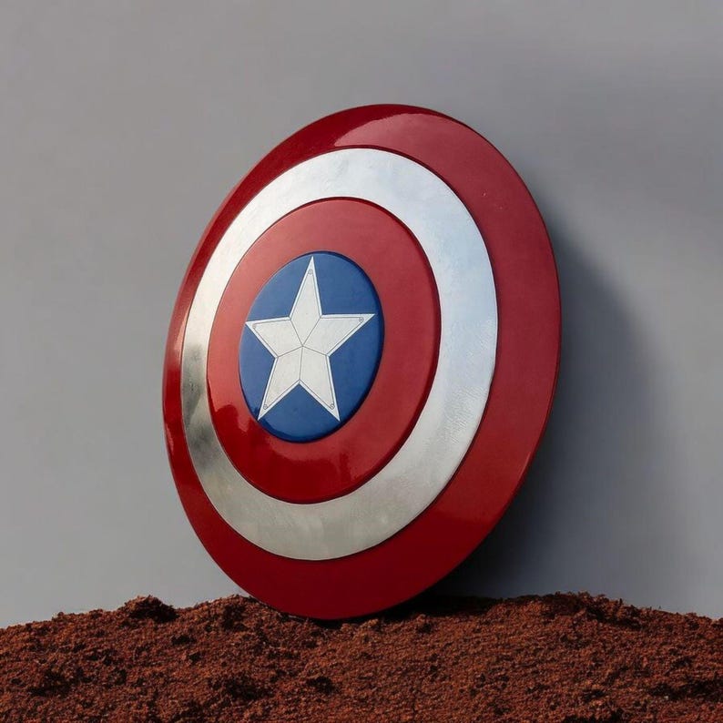 Puede incluir: Un escudo del Capit&aacute;n Am&eacute;rica rojo, blanco y azul. El escudo es redondo con un anillo plateado y una estrella blanca sobre un c&iacute;rculo azul en el centro. Descansa sobre un lecho de material marr&oacute;n.