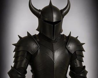 Black Gothic Knight Armor - Horned Steel Helmet, LARP Cosplay Set